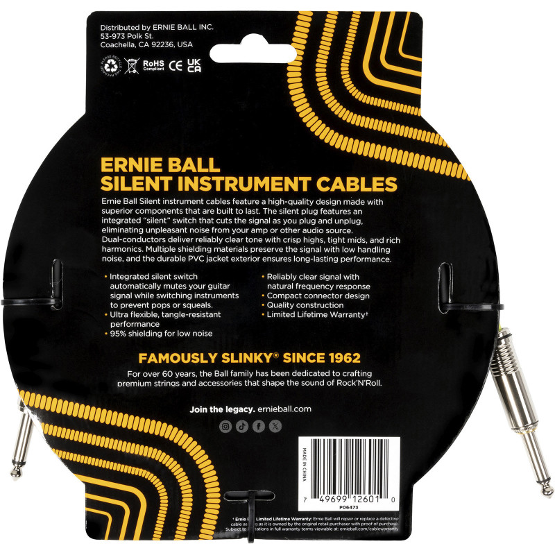 ERNIE BALL 6473 cables instrument classic silent jack/jack 6m noir