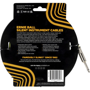 ERNIE BALL 6472 cables instrument classic silent jack/jack 3m noir