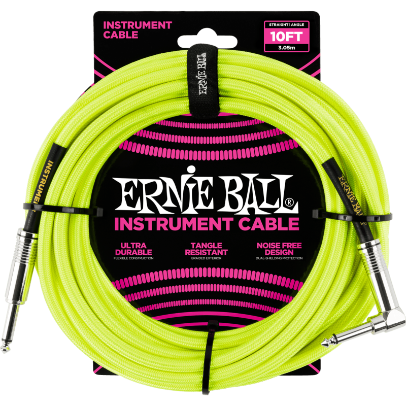 ERNIE BALL 6080 cables instrument gaine tissée jack/jack coudé 3m jaune fluo