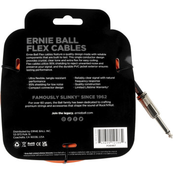 ERNIE BALL 6467 câbles instrument flex jack/jack coudé 6m orange