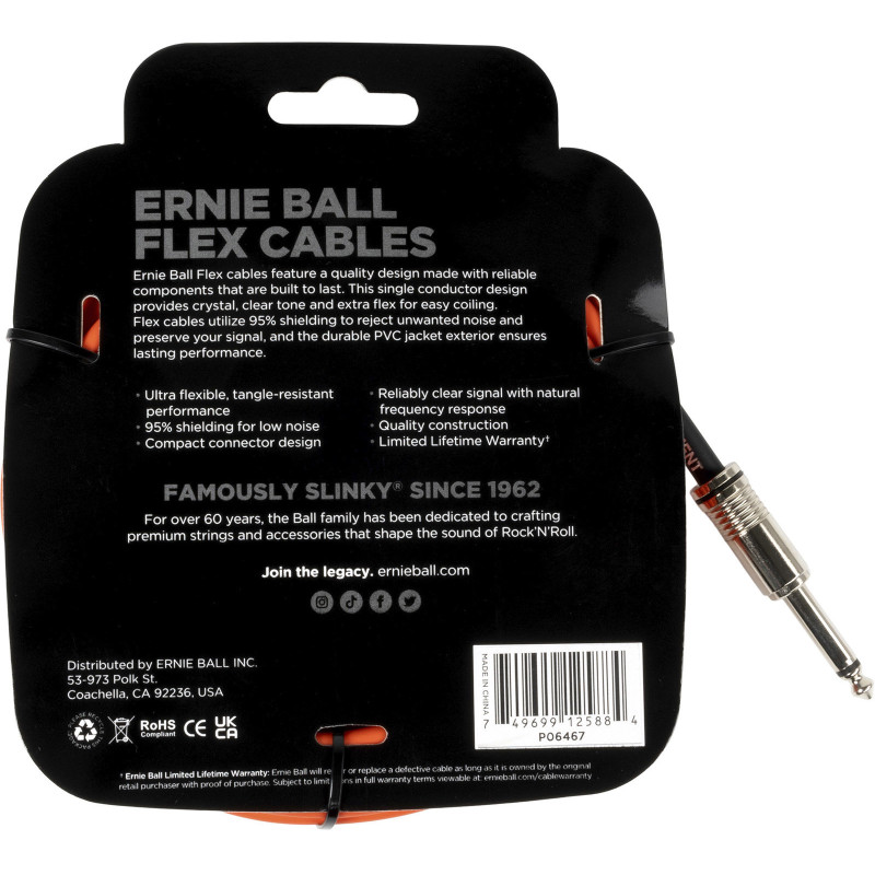 ERNIE BALL 6467 câbles instrument flex jack/jack coudé 6m orange