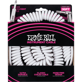 ERNIE BALL 6045 cables instrument torsades jack/jack coudé 9m blanc