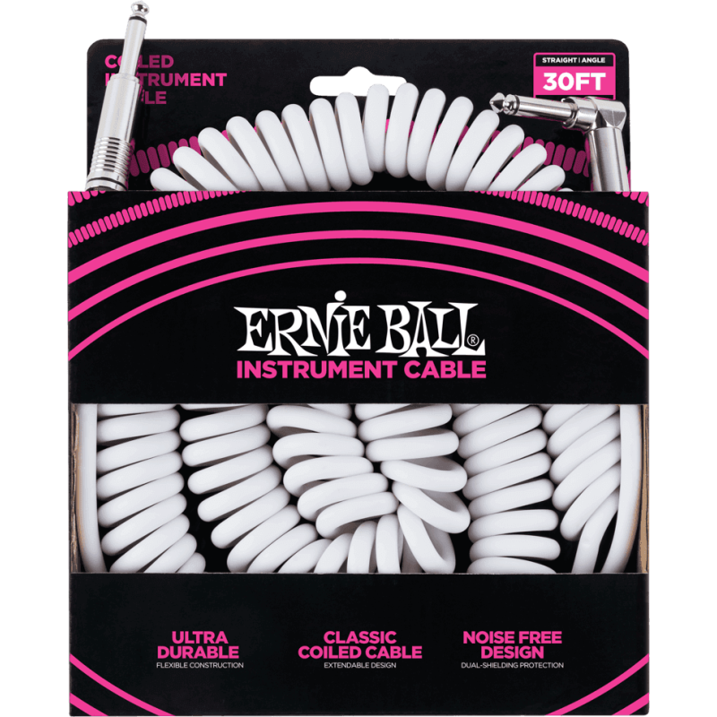 ERNIE BALL 6045 cables instrument torsades jack/jack coudé 9m blanc