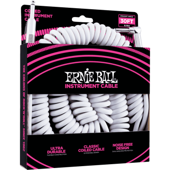 ERNIE BALL 6045 cables instrument torsades jack/jack coudé 9m blanc