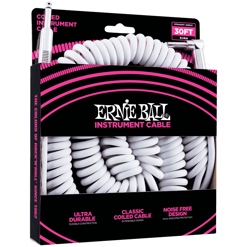 ERNIE BALL 6045 cables instrument torsades jack/jack coudé 9m blanc