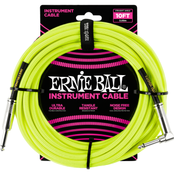 ERNIE BALL 6080 cables instrument gaine tissée jack/jack coudé 3m jaune fluo