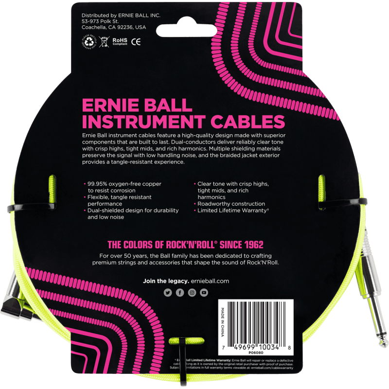 ERNIE BALL 6080 cables instrument gaine tissée jack/jack coudé 3m jaune fluo