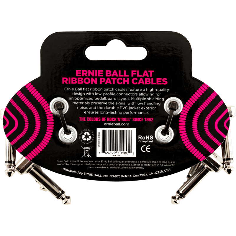 ERNIE BALL 6220 cables instrument patch pack de 3 - coudé fin & plat - 7,5 cm