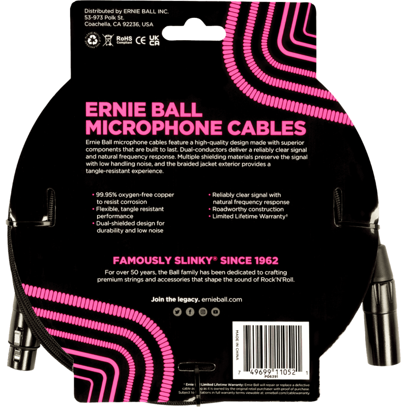 ERNIE BALL 6391 câbles microphone gaine tissée xlr mâle/xlr fem 4,5m noir