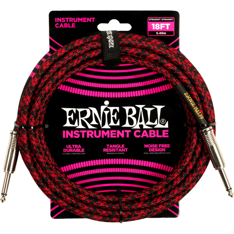 ERNIE BALL 6396 cables instrument gaine tissée jack/jack 5,5m rouge et noir