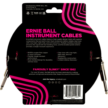 ERNIE BALL 6396 cables instrument gaine tissée jack/jack 5,5m rouge et noir
