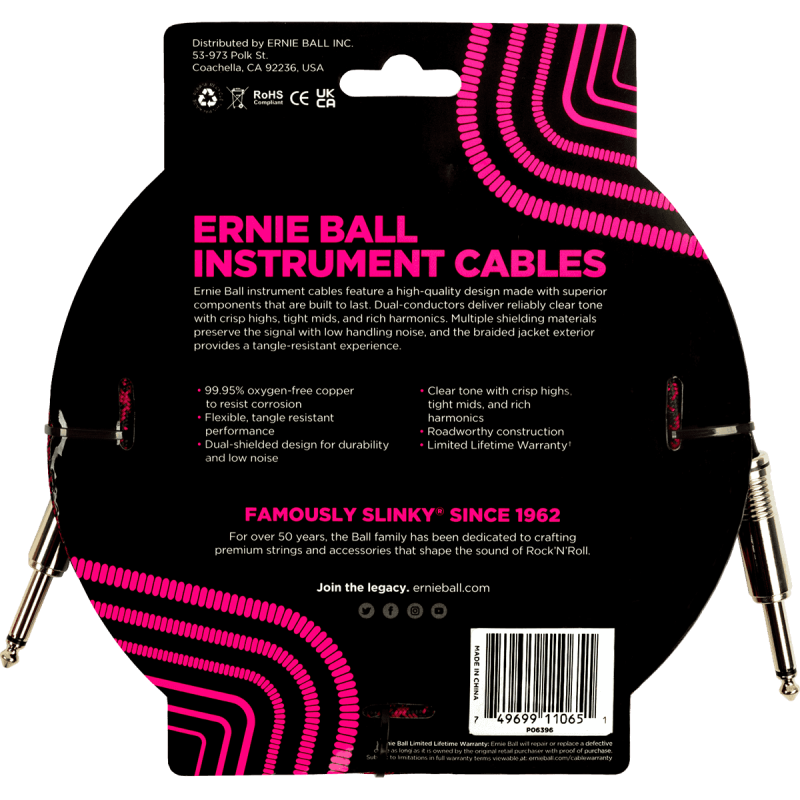 ERNIE BALL 6396 cables instrument gaine tissée jack/jack 5,5m rouge et noir