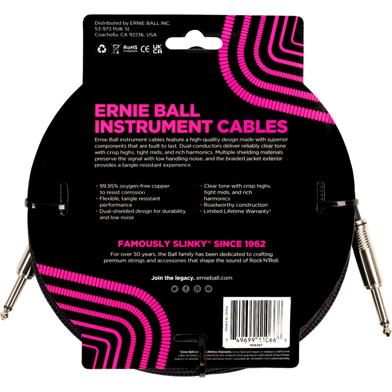 ERNIE BALL 6397 cables instrument gaine tissée jack/jack 7,62m noir et violet