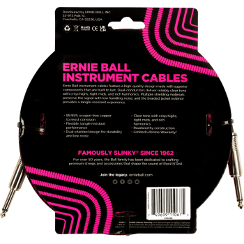 ERNIE BALL 6398 cables instrument gaine tissée jack/jack 7,62m rouge et noir