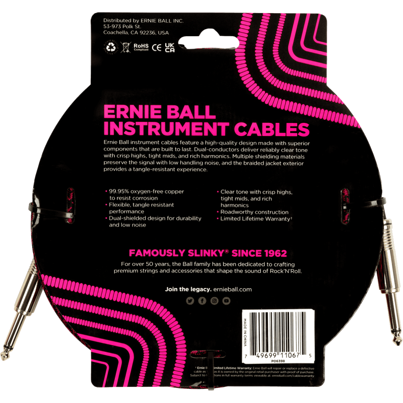 ERNIE BALL 6398 cables instrument gaine tissée jack/jack 7,62m rouge et noir