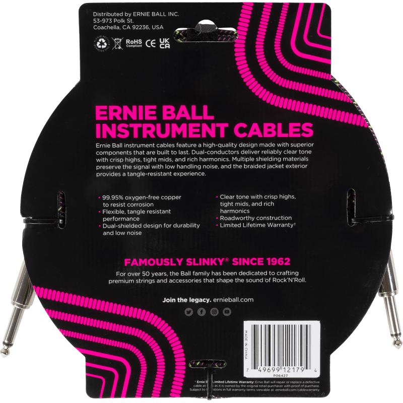ERNIE BALL 6427 cables instrument gaine tissée jack/jack 3m purple python