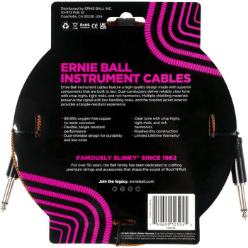 ERNIE BALL 6468 cables instrument gaine tissée jack/jack 3m orange et noir