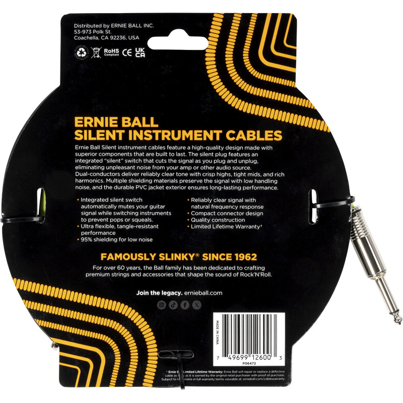 ERNIE BALL 6472 cables instrument classic silent jack/jack 3m noir