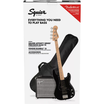 SQUIER Affinity Series Precision Bass PJ Pack Maple Fingerboard Black Gig Bag Rumble 15 -