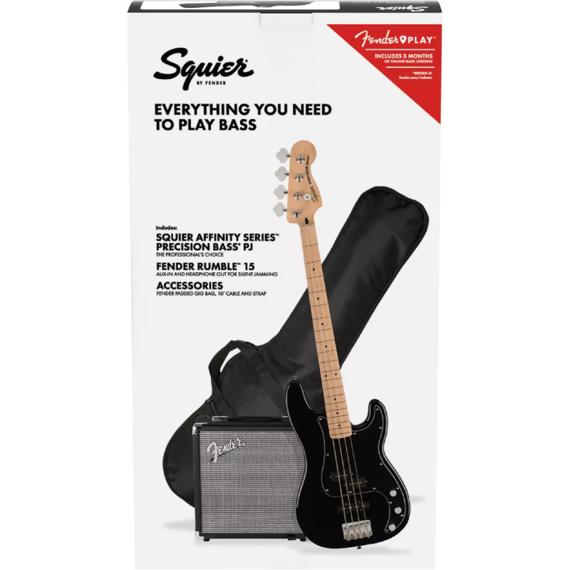 SQUIER Affinity Series Precision Bass PJ Pack Maple Fingerboard Black Gig Bag Rumble 15 -