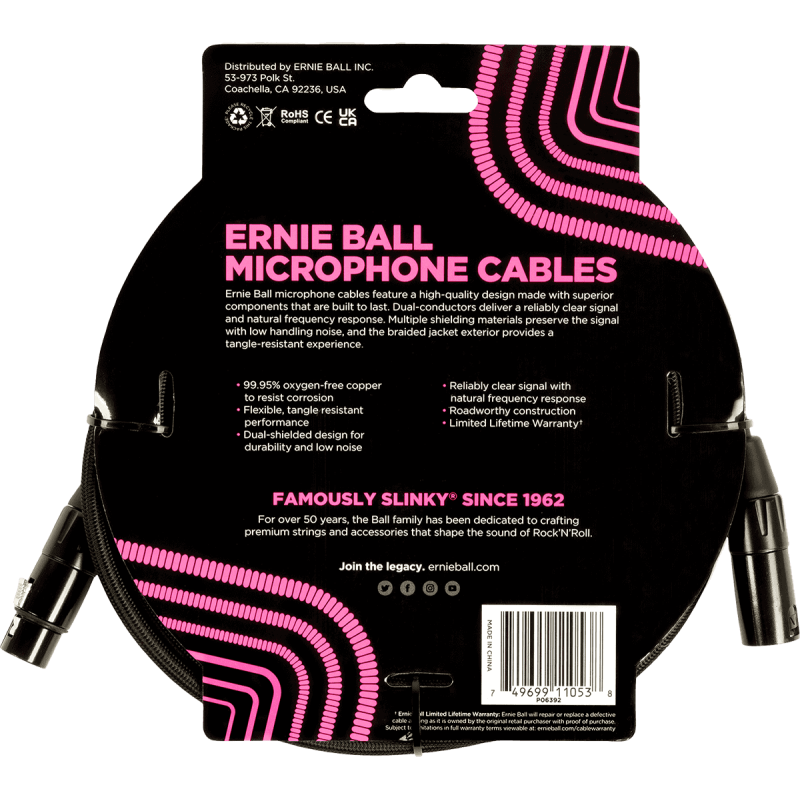 ERNIE BALL 6392 câbles microphone gaine tissée xlr mâle/xlr fem 6m noir