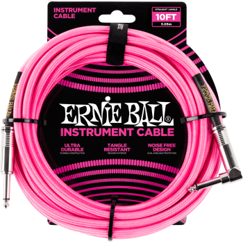 ERNIE BALL 6078 cables instrument gaine tissée jack/jack coudé 3m rose fluo