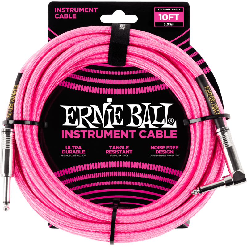 ERNIE BALL 6078 cables instrument gaine tissée jack/jack coudé 3m rose fluo