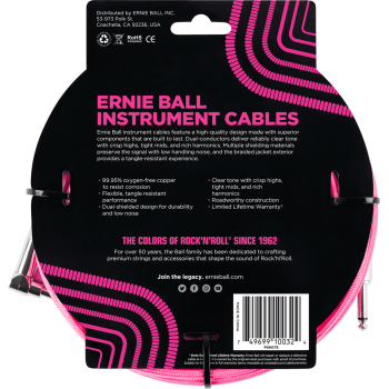 ERNIE BALL 6078 cables instrument gaine tissée jack/jack coudé 3m rose fluo