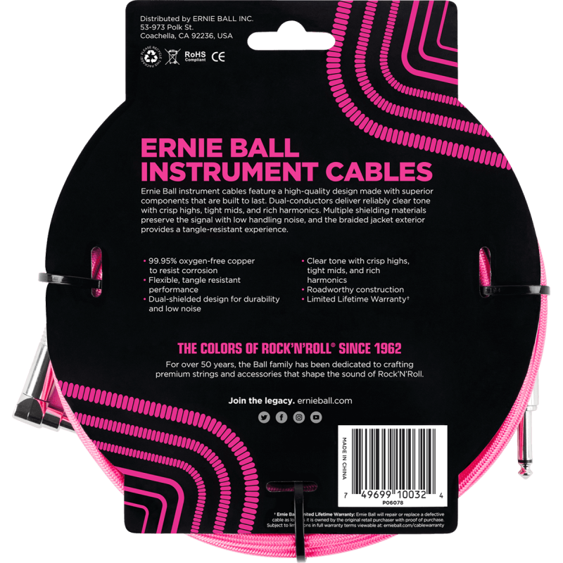 ERNIE BALL 6078 cables instrument gaine tissée jack/jack coudé 3m rose fluo