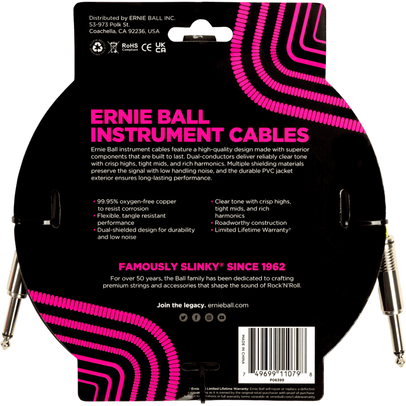 ERNIE BALL 6399 cables instrument classic jack/jack 4,5m noir