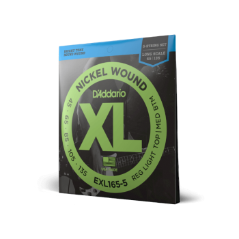 D'ADDARIO EXL165-5 D'Addario Cordes en nickel pour basse 5 cordes D'Addario EXL165, Custom Light, 45-135, cordes longues