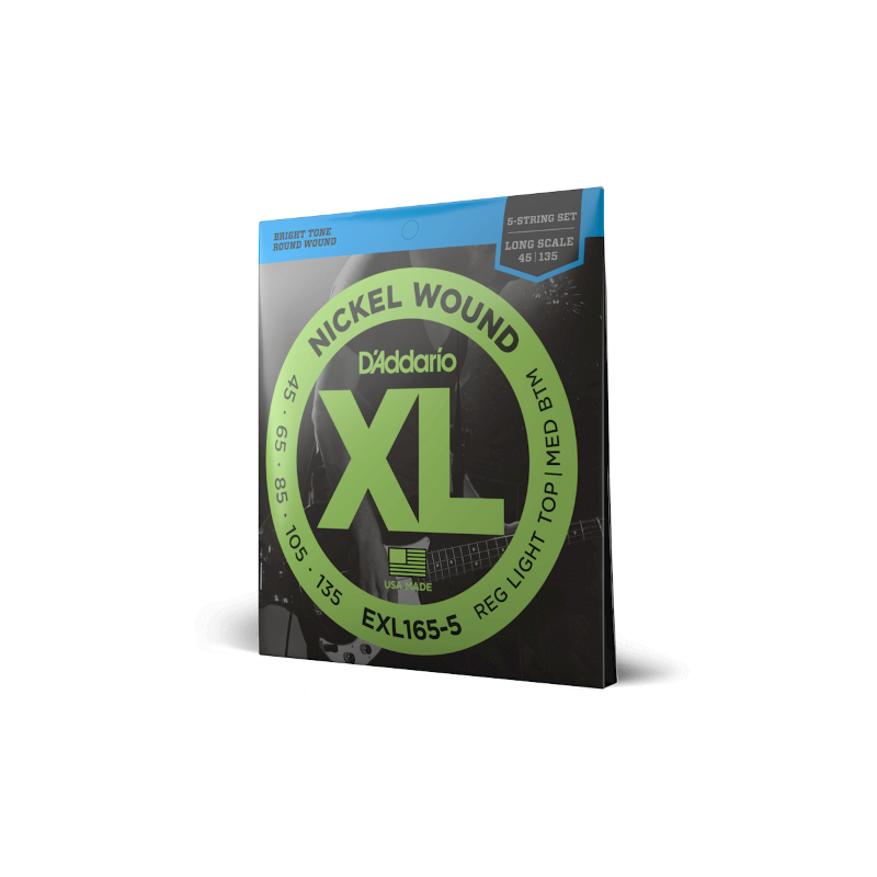 D'ADDARIO EXL165-5 D'Addario Cordes en nickel pour basse 5 cordes D'Addario EXL165, Custom Light, 45-135, cordes longues