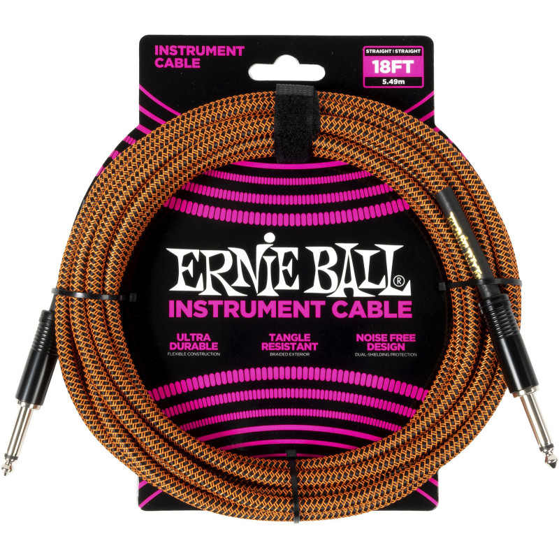 ERNIE BALL 6469 cables instrument gaine tissée jack/jack 5,5m orange et noir