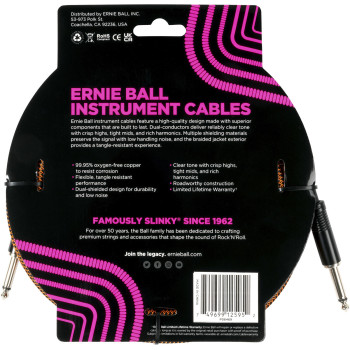 ERNIE BALL 6469 cables instrument gaine tissée jack/jack 5,5m orange et noir