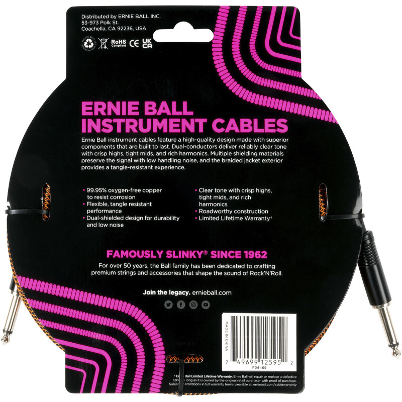 ERNIE BALL 6469 cables instrument gaine tissée jack/jack 5,5m orange et noir