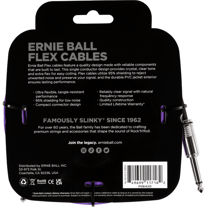 ERNIE BALL 6420 câbles instrument flex jack/jack 6m violet