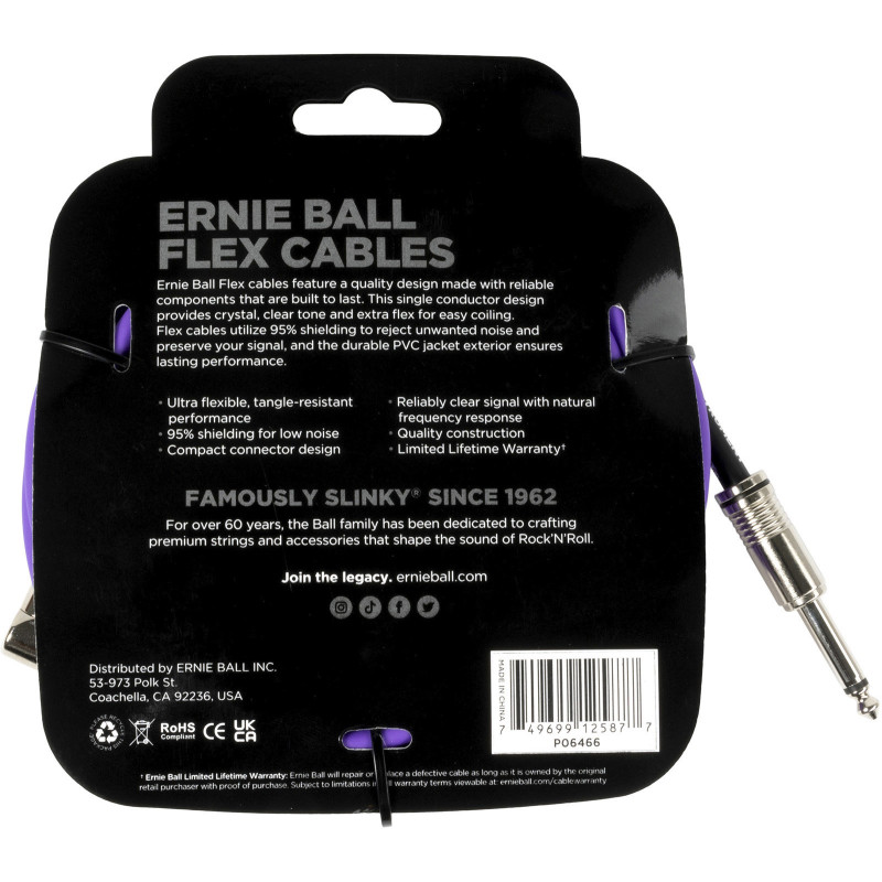 ERNIE BALL 6466 câbles instrument flex jack/jack coudé 6m violet