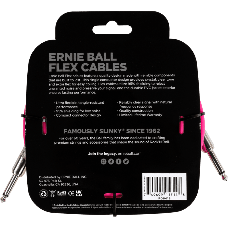 ERNIE BALL 6418 câbles instrument flex jack/jack 6m rose