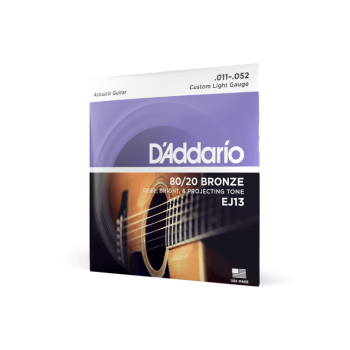 D'ADDARIO EJ13 D'Addario Cordes en bronze pour guitare acoustique avec revêtement D'Addario EJ13, 80/20, Custom Light, 11-52