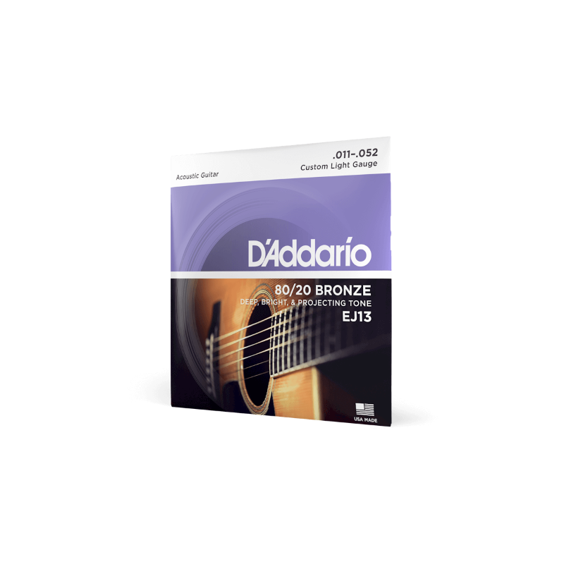 D'ADDARIO EJ13 D'Addario Cordes en bronze pour guitare acoustique avec revêtement D'Addario EJ13, 80/20, Custom Light, 11-52