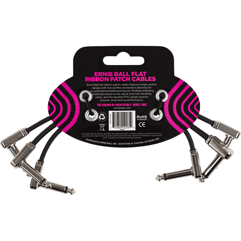 ERNIE BALL 6221 cables instrument patch pack de 3 - coudé fin & plat - 15 cm