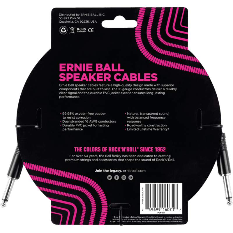 ERNIE BALL 6071 cables haut-parleur classic jack/jack 91cm noir