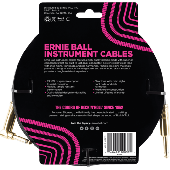 ERNIE BALL 6081 cables instrument gaine tissée jack/jack coudé 3m noir