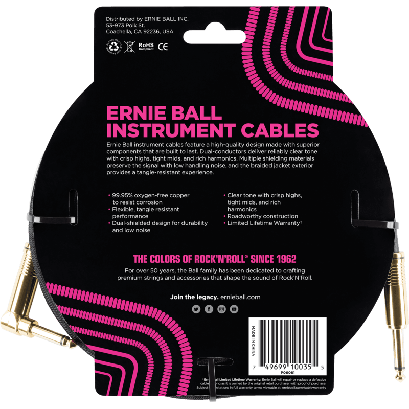 ERNIE BALL 6081 cables instrument gaine tissée jack/jack coudé 3m noir